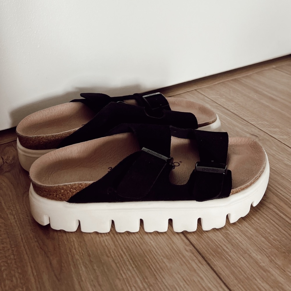 Barely Worn Birkenstock Arizona Papillo Suede Leather Chunky Black - Size 36